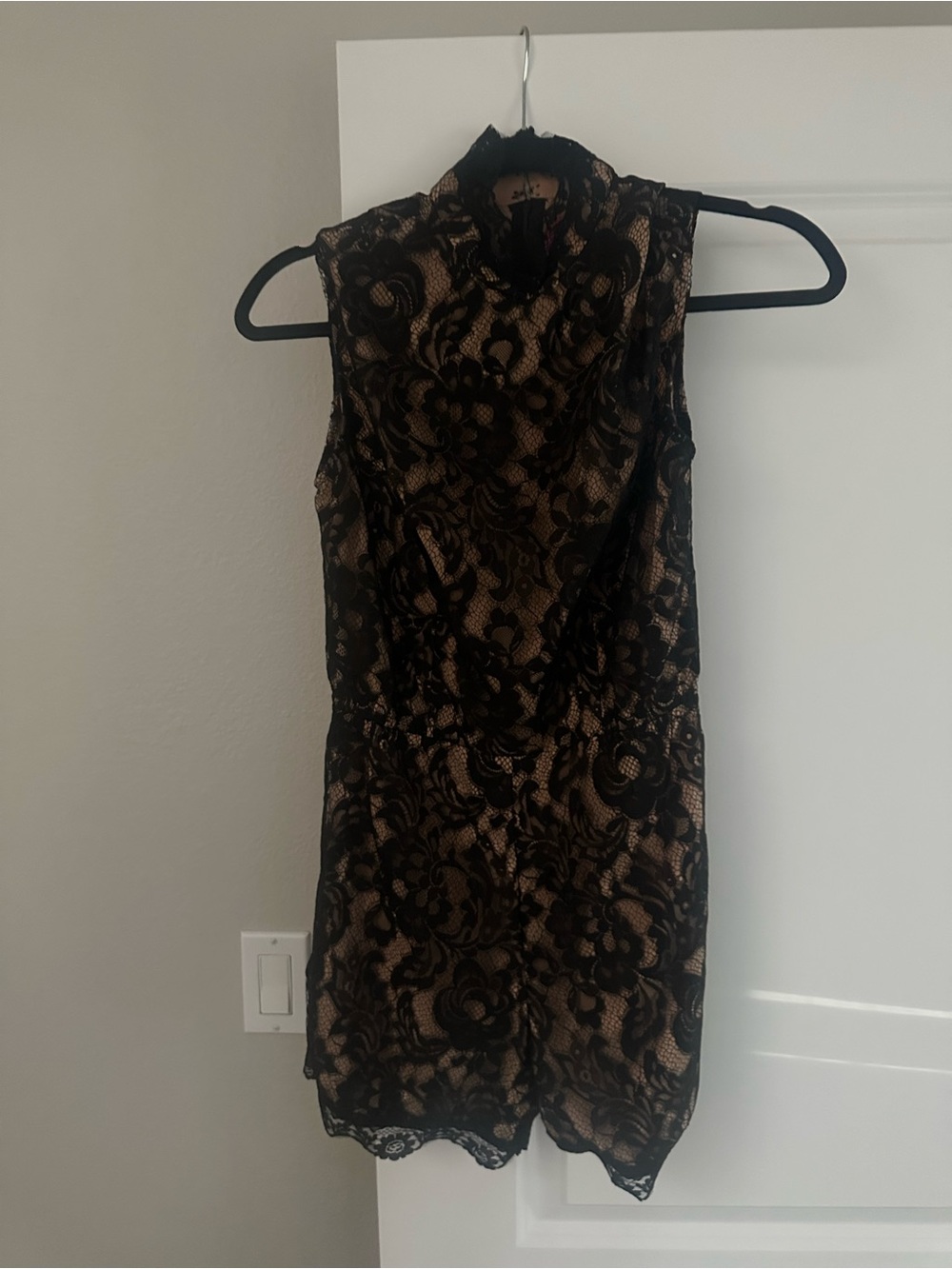 Black Lace Overlay Sleeveless Dress with Nude Lining